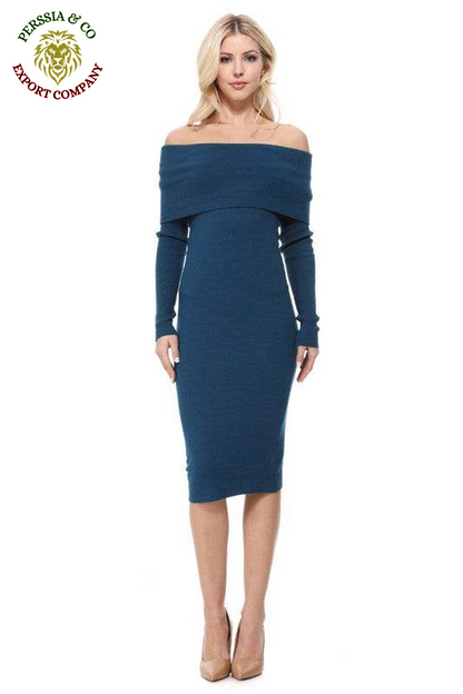 Off Shoulder Long Sleeve Slim Fit Midi Knit Dress