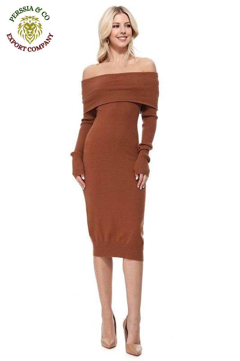 Off Shoulder Long Sleeve Slim Fit Midi Knit Dress
