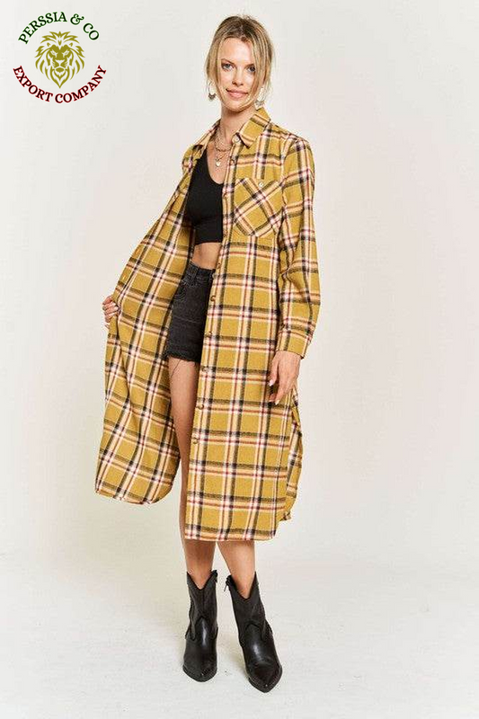 PLAID PRINT COLLAR LONG SHIRT DRESS PLUS