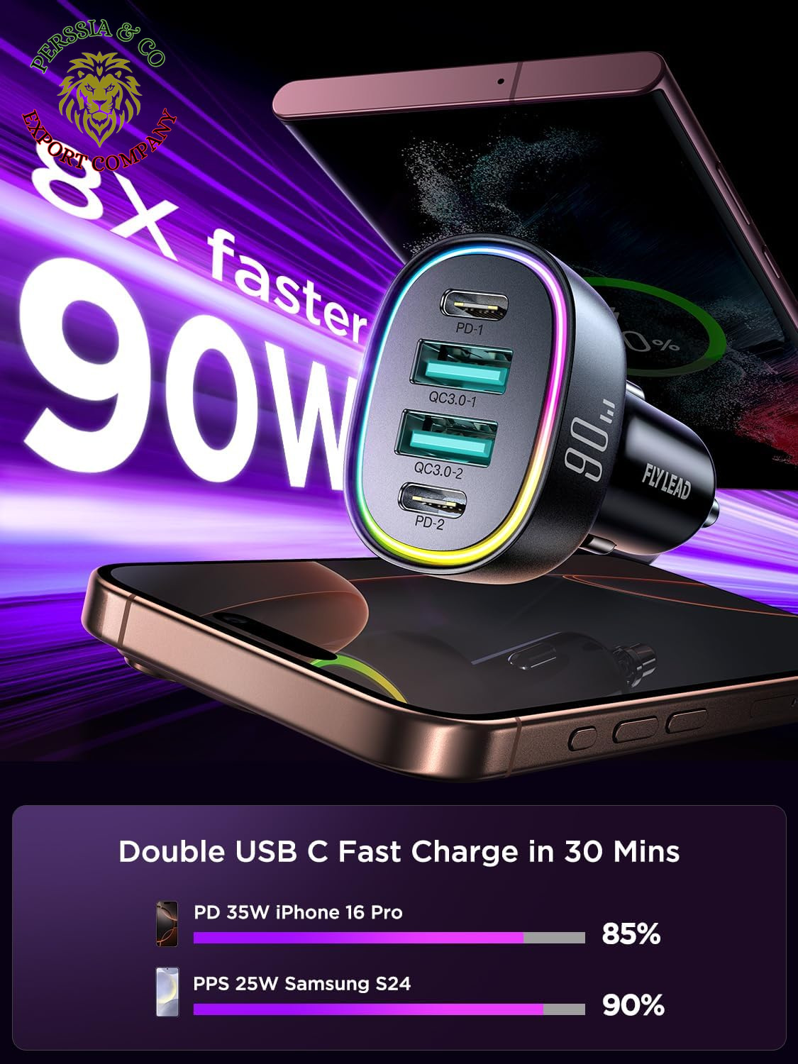 Car Charger USB C 90W 4-Port Car Phone Charger Compatible with Iphone 16/15/14/13/12 Pro Max plus [A Must for Family Travel] Super Fast Charging Cigarette Lighter Adapter Port
