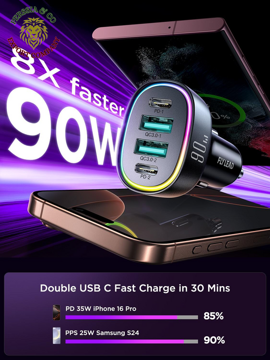 Car Charger USB C 90W 4-Port Car Phone Charger Compatible with Iphone 16/15/14/13/12 Pro Max plus [A Must for Family Travel] Super Fast Charging Cigarette Lighter Adapter Port